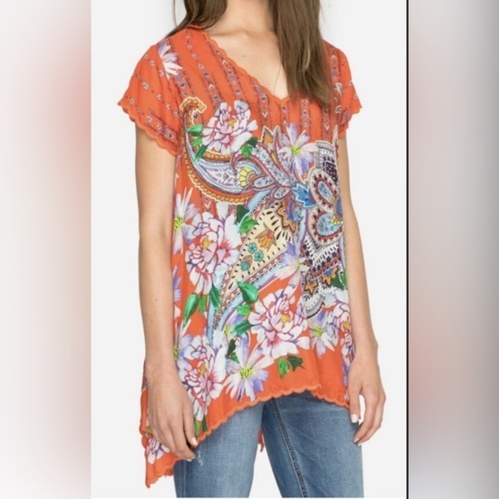 Johnny Was Orange Floral Paisley Silk Tunic blouse